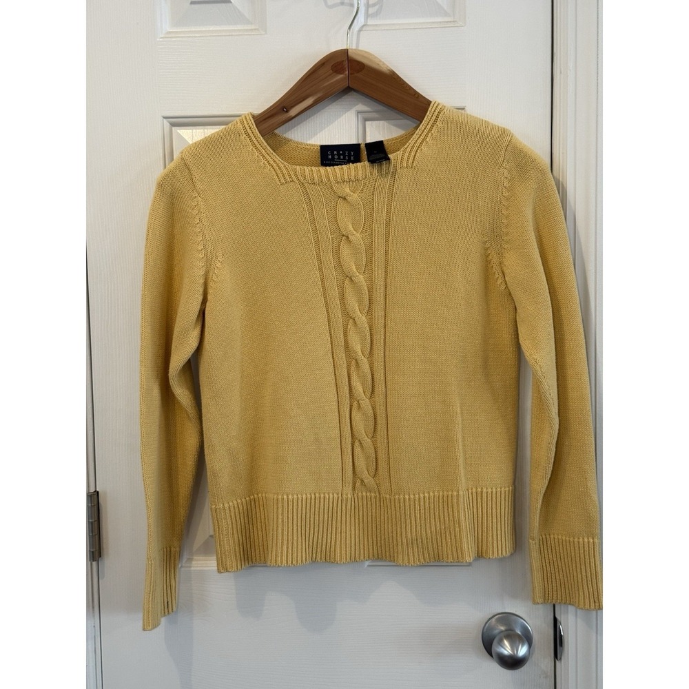 Vtg Yellow CableKnit  M  Preppy Spring Square neck Sweater By Crazy Horse‎